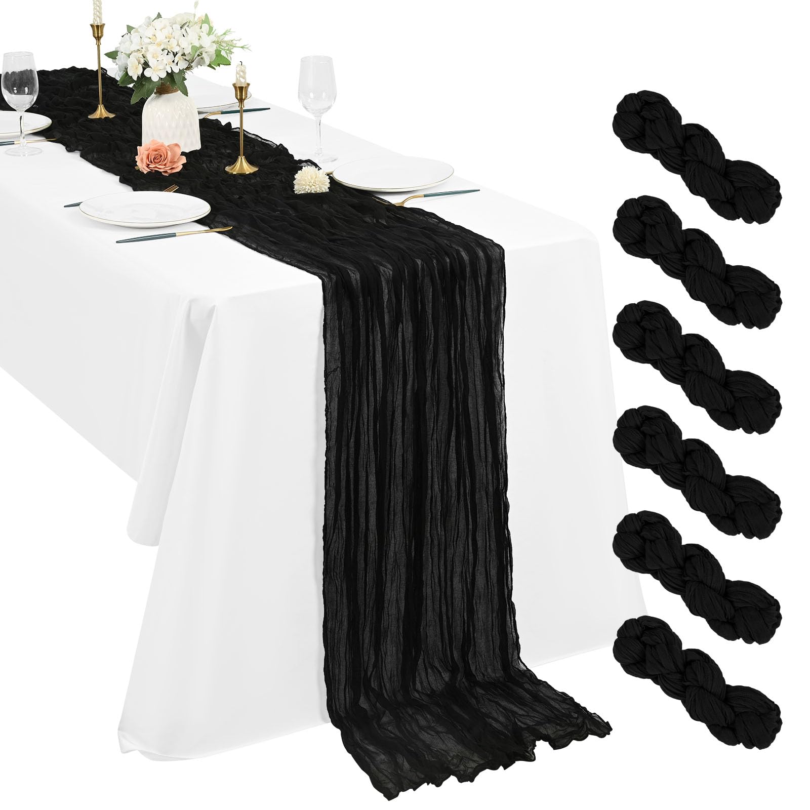 Pesonlook 6 Pack Black Cheesecloth Table Runner 10Ft Boho Gauze Table Runner 21×120 Inch Rustic Romantic Long Table Runner for Wedding Party Bridal Shower Thanksgiving Christmas Decoration