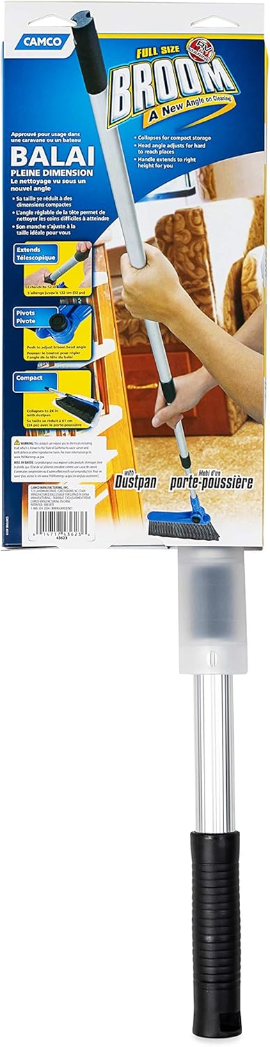 Camco Adjustable Broom and Dustpan, Gets In Small Spaces and Corners, Telescoping Broom Handle Adjusts From 24 Inches to 52 Inches, Ideal for RV, Marine, And Home Use (43623): Automotive