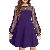 Arshiner Girl's Contrast Mesh Puff Long Sleeve High Waist A Line Short Dress with Pockets for 6-13 Years