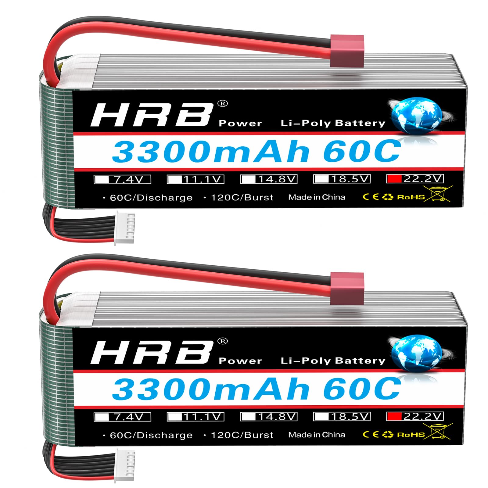 HRB 2Packs 6S 3300mAh 22.2V 60C LiPo Battery Pack with Dean T Plug for RC Car Boat Truck Heli Airplane