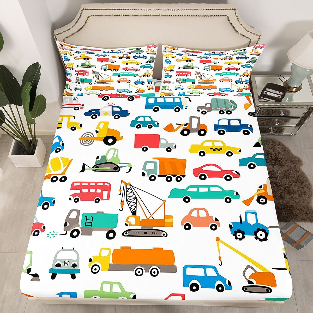 Cartoon Excavator Bedding Sheets Kawaii Tractor Bed Sheet Set for Kids Boys Girls Youth Transportation Bus Cars Bedding Fitted Sheet Cute Toys Car Bed Cover 2Pcs Single Size