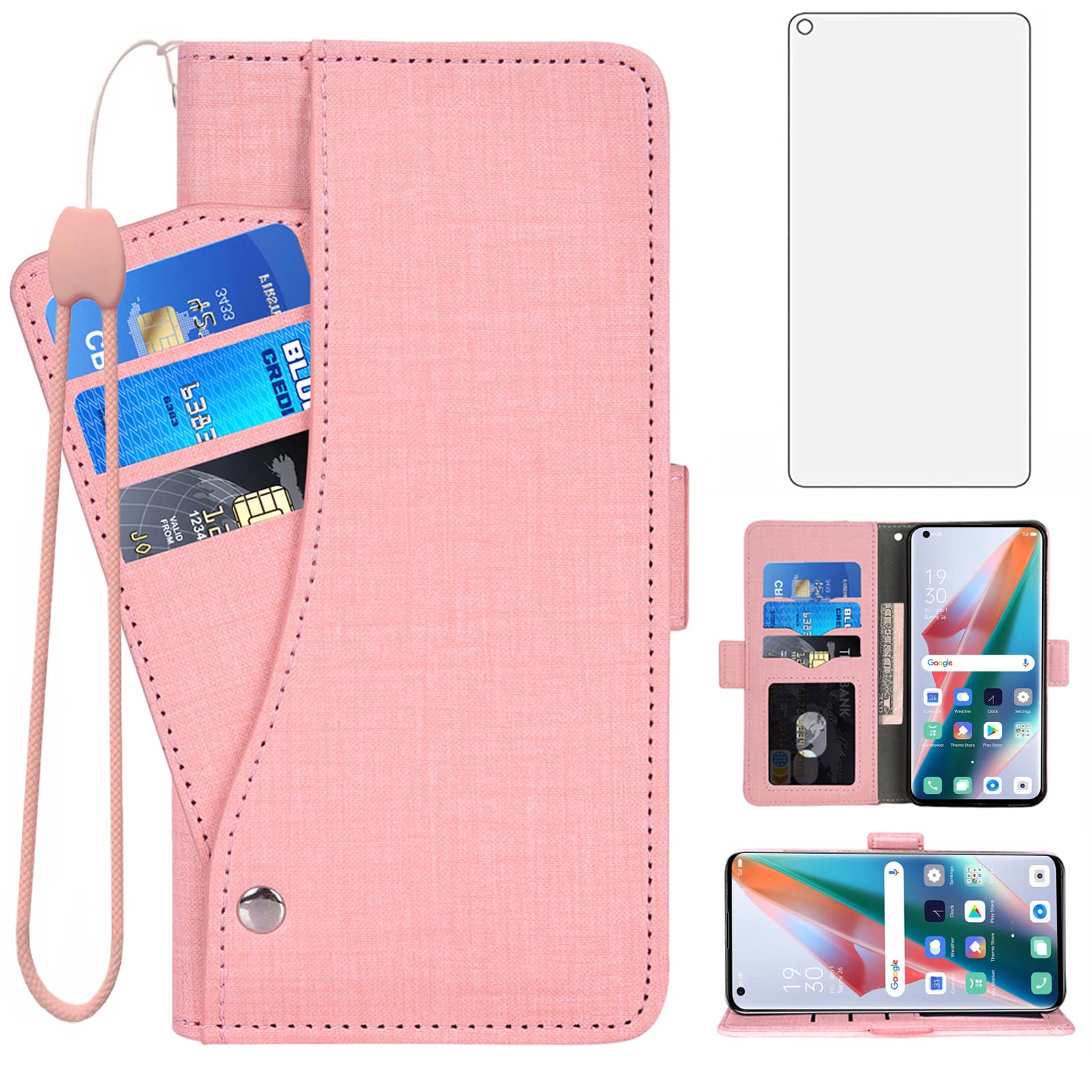 Asuwish Compatible with OPPO Find X3/X3 Pro 5G Wallet Case Tempered Glass Screen Protector and Leather Flip Cover Card Holder Cell Accessories Phone Cases for FindX3 3X X3Pro CPH2173 Women Men Pink