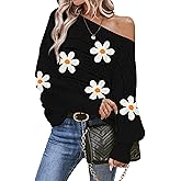 Cakulo Womens Off Shoulder Sweater Top Fall Outfits Fashion 2025 Oversized Knit Batwing Long Sleeve Crochet Flower Sweaters
