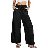 Athlisan Womens Casual Wide Leg Sweatpants High Waist Acid Wash Palazzo Pants with Pockets