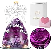 Emibele Mother's Day Angel Rose Gifts for Mom Grandma, Preserved Real Rose in Glass Angel Figurines, Eternal Flower Rose Gifts for Women on Birthday Valentines Anniversary Thanksgiving, Purple
