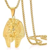ROWIN&CO Mens Gold Egyptian Pharaoh Lion Head Necklace for Men & Women Stainless Steel Lion Pendant with CZ, Hip Hop Personalized Jewelry, with 24" Chain.