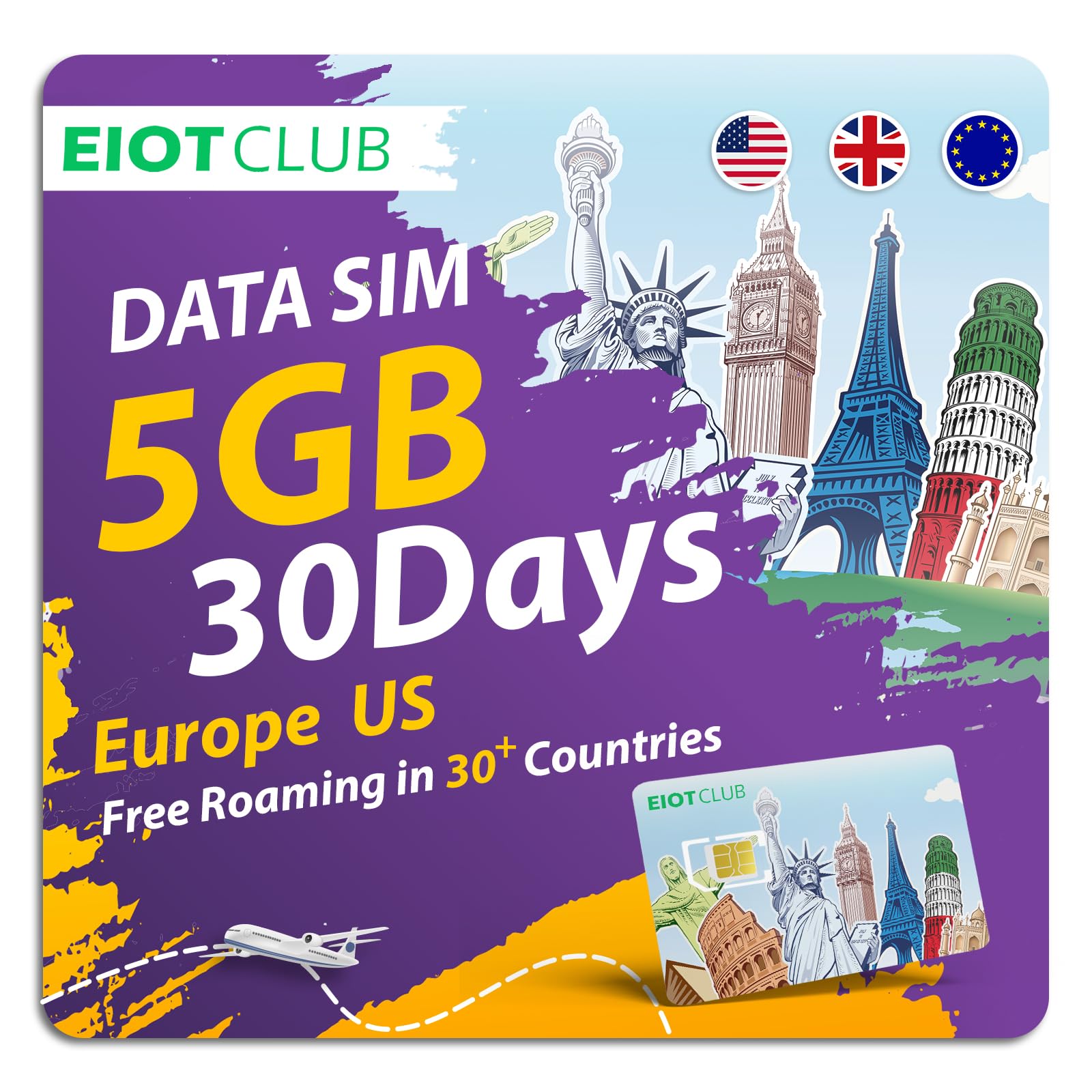 EIOTCLUB Prepaid Europe SIM Card, 5GB/30Days SIM Card, Use in 37 European Countries & The US, 5G/4G High Speed Data Card for Europe Travel (No Activation & Roaming Fees Required)
