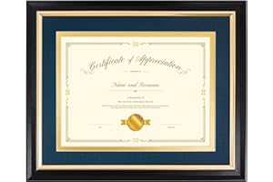 Hodeframe 8x10 Diploma Frame for 6x8 Certificate/Document/Picture with Black and Navy Mat, Solid Wood Degree Frame, Real Glass，Wall Display and Tabletop