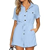 GRAPENT Women's Summer Short Sleeve Button Down Pockets Belted Jumpsuits Rompers
