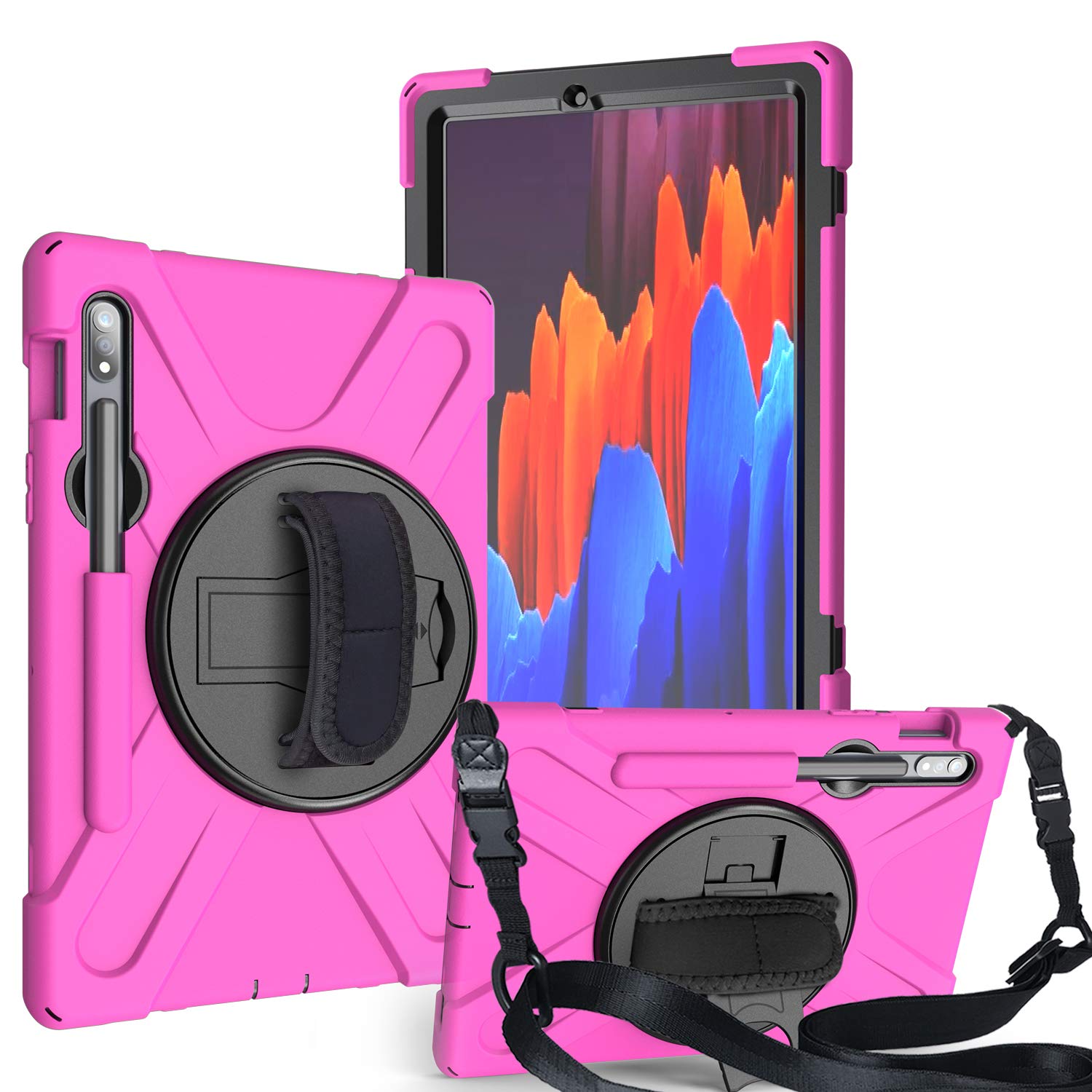 YGoal Case For Galaxy Tab S7 Plus, [Hand Strap] [Shoulder Strap] Heavy Duty Full-Body Rugged Protective Drop Proof Case with 360 Rotating Stand for Samsung Galaxy Tab S7 Plus T970 12.4 Inch (Rose)