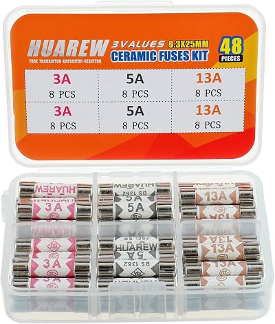 HUAREW Ceramic Tube Fuses 3A 5A 13A 48 Pcs BS1362 240V 6.3x25 mm Kit