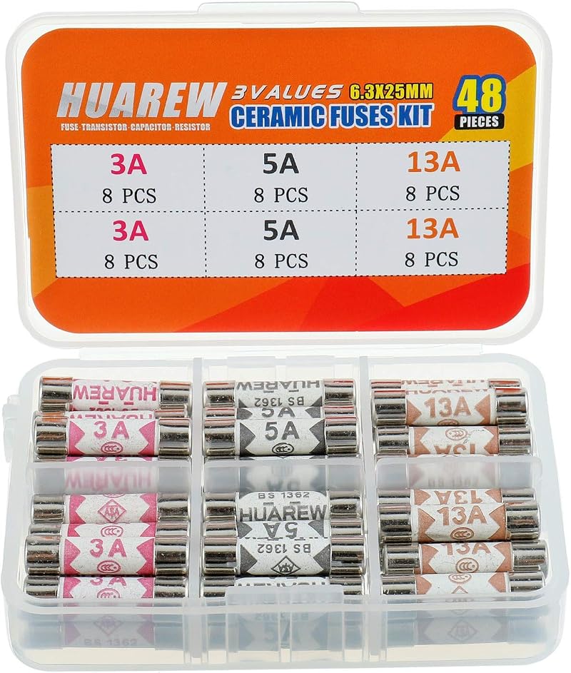 HUAREW Ceramic Tube Fuses 3A 5A 13A 48 Pcs BS1362 240V 6.3x25 mm Kit