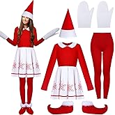 Seematn 5 Pcs Christmas Elf Costume for Women Red Santa Elf Helper Snowflakes Dress Outfit Gloves Hat Leggings Elf Shoes(Women, Medium)