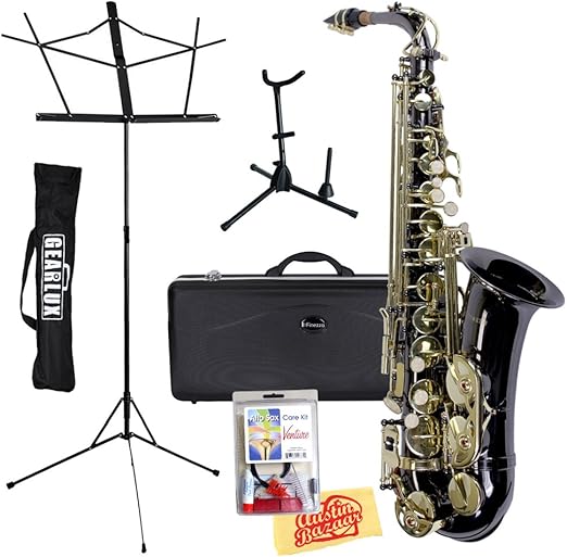 Finezza Alto Saxophone with Hard Case, Saxophone Stand, Music Stand, Care Kit, and