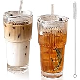 hosck 2 Pack Iced Coffee Cup with Lids, 20oz Clear Glass Tumbler with Straw & Lid, Ribbed Glassware Cups, Dishwasher Safe Drinking Glasses, Stylish Glass Cups for Coffee, Juice, Tea, Matcha