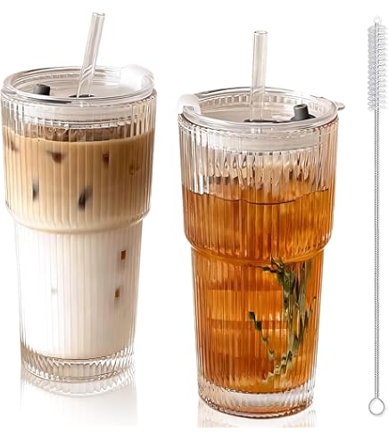 Lot De 2 Tasses à Matcha En Verre Strié - 300 Ml, Avec Couvercle Et Paille - Style Vintage Pour Café Glacé, Lait, Cocktails