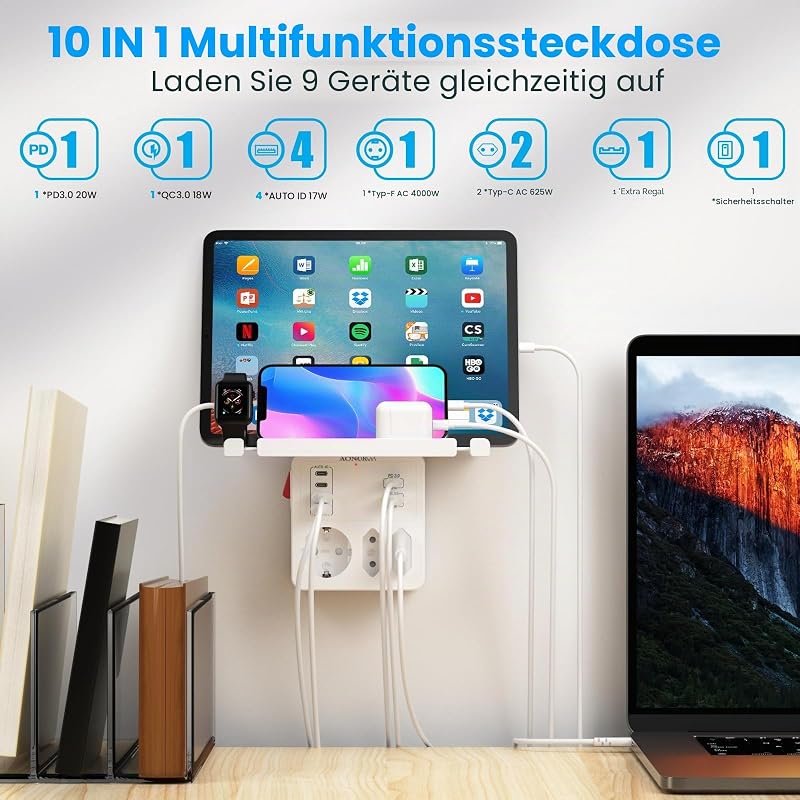Mehrfachstecker für Steckdose USB C PD20W Schnellladung, mit Handy Ablage