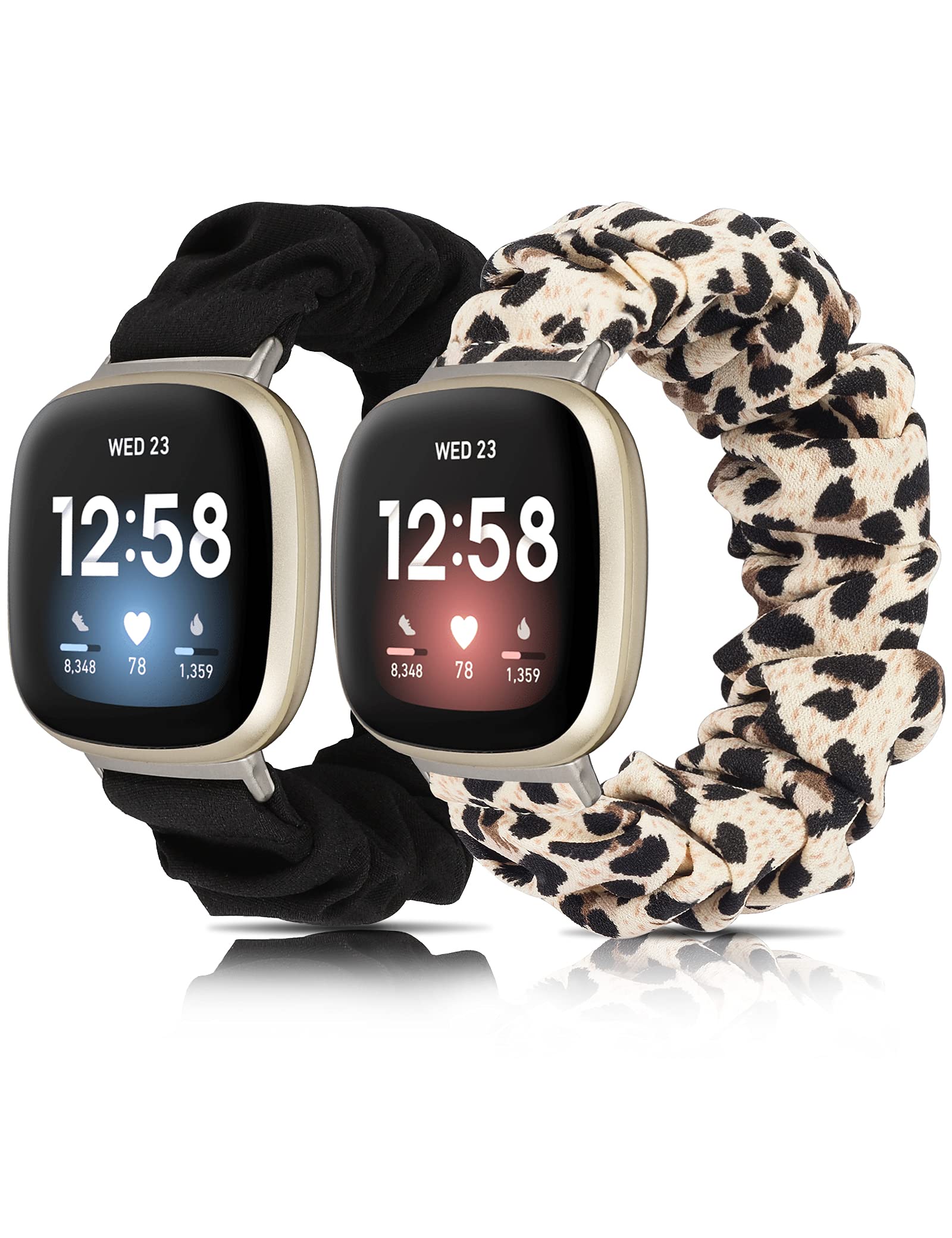 TOYOUTHS 2Pack Scrunchies Compatible with Fitbit Versa 4/Fitbit Sense 2/Fitbit Versa 3/Fitbit Sense Straps, Women Soft Stretchy Elastic Replacement Band, Black+Leopard, L
