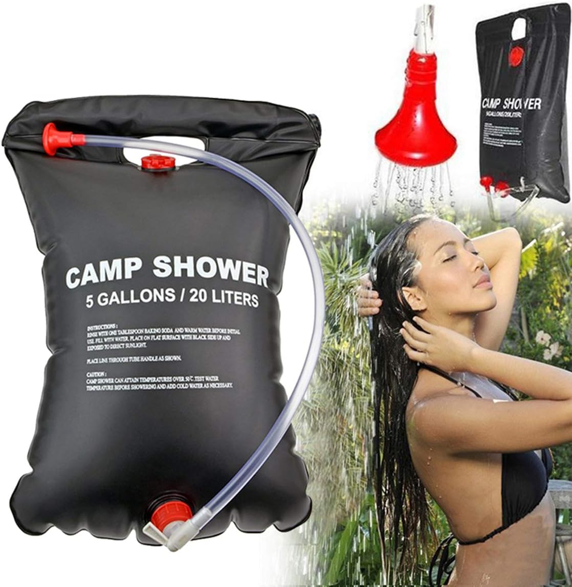 Solar Camping Shower Bag, 20L Portable Solar Heated Travel Shower Bag Hot Water with 45°C Removable Hose on/off Switchable Shower Head Foldable Lightweight Outdoor Hiking Climbing Bathing Bag