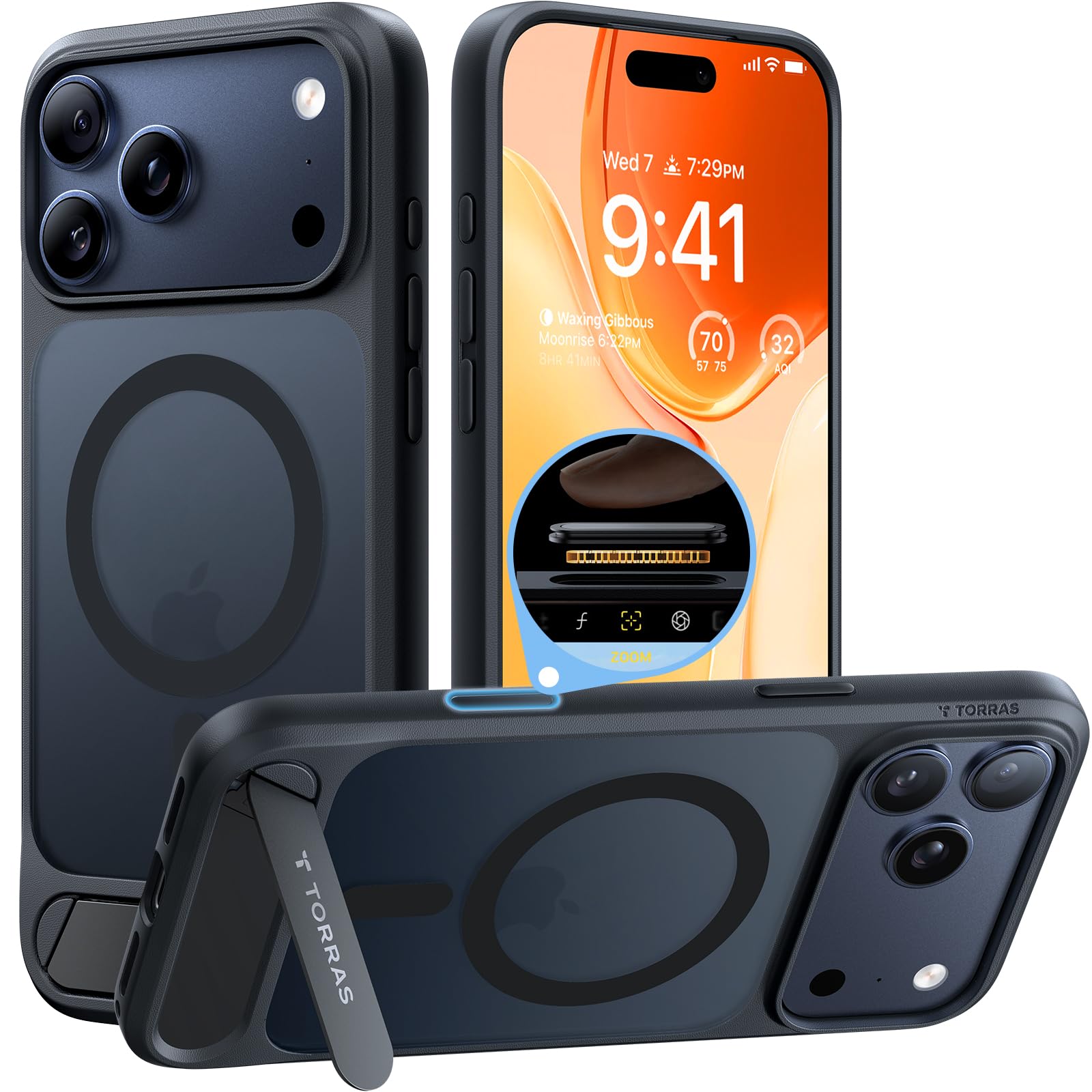 Photo 1 of TORRAS Strong Magnetic & Seamless Stand for iPhone 17 Pro Case, Fit for MagSafe, Militray Grade Protection, Built-in Kickstand, Camera Control, Translucent Shockproof Slim 17 Pro Cover Ostand, Black