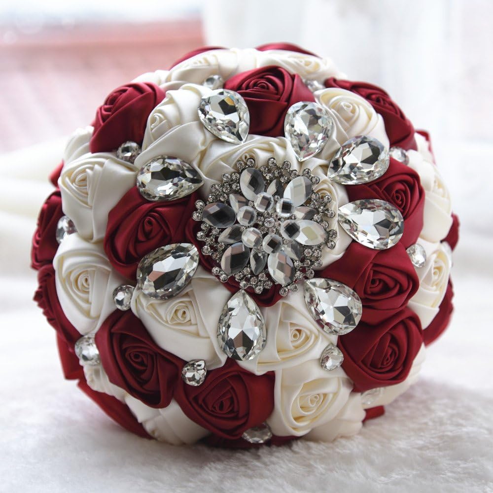 Wedding bouquet for the bride,Bridesmaid Bridal bouquet For Wedding,wedding decorations,Bouquet Flowers Roses Crystal Pearl Wedding Bouquet, Bridal Artificial Silk Flowers 18cm/7 inch (Wine Red)
