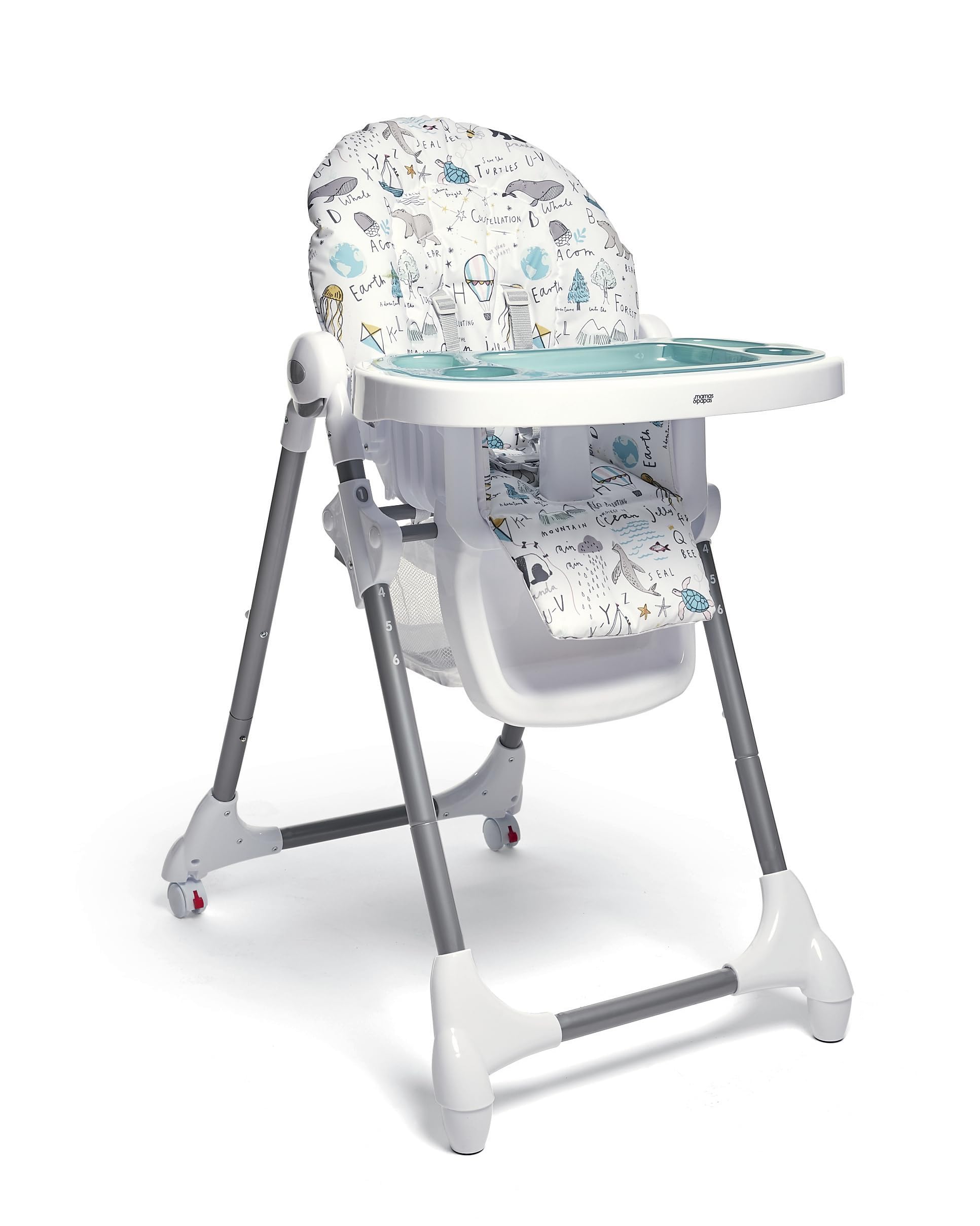 Mamas & Papas Snax Adjustable Baby High Chair for 6 Months Plus, Toddlers, Reclining, Foldable Highchair with Wipeable Removable Tray, Baby Feeding Chair, 120 x 90 x 85 cm, Happy Planet