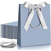 Silkfly 12 Pcs Paper Gift Bags with Handle 9x7x3.15'', Dusty Blue | Small Size Gift Bags with Ribbon Bow, Elegant Gift Bag for Wedding, Bridesmaid, Thank You Gift, Baby Shower, Party Favor