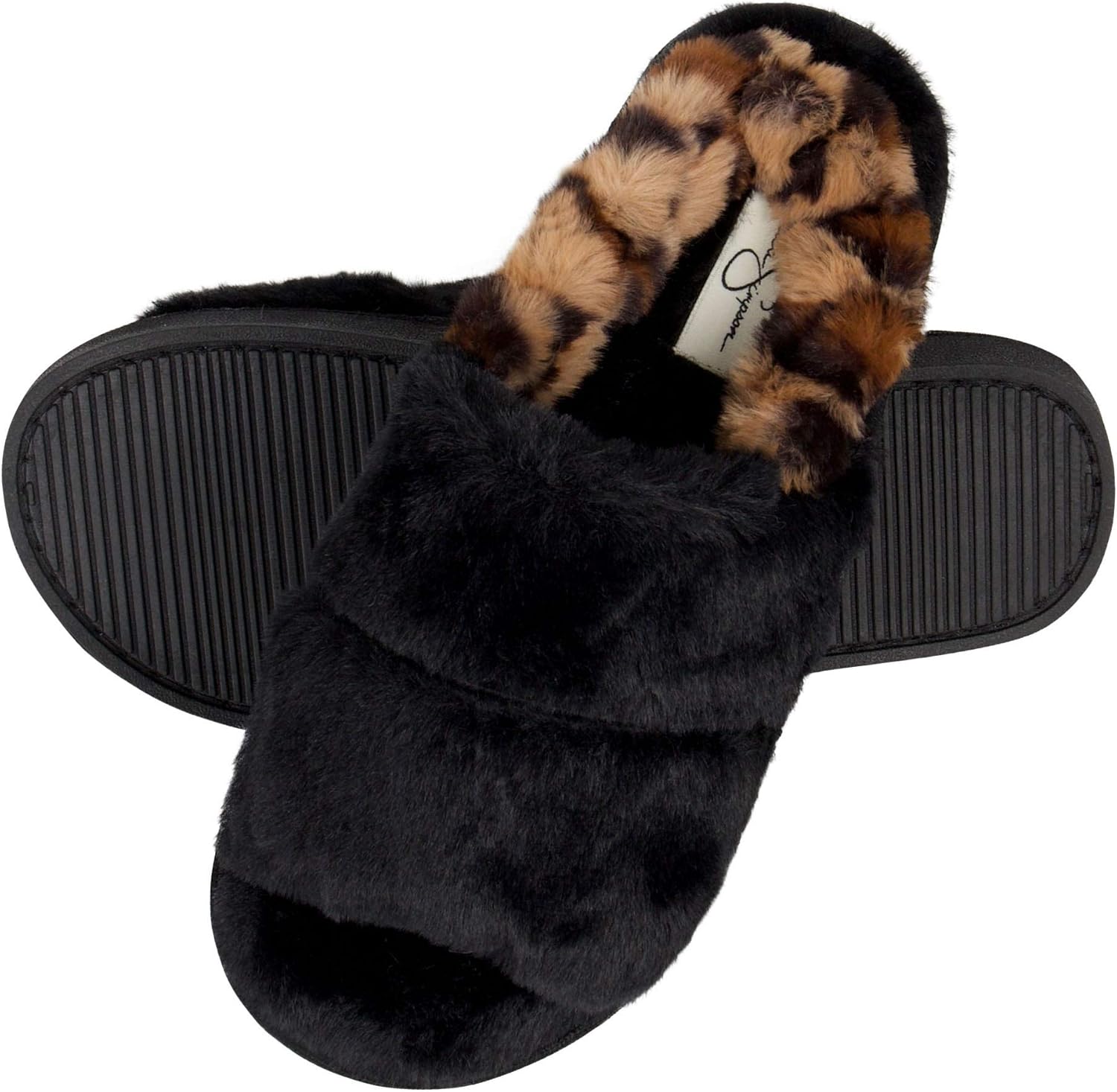 Jessica Simpson womens Plush Faux Fur Fuzzy Slide on Open Toe With Elastic