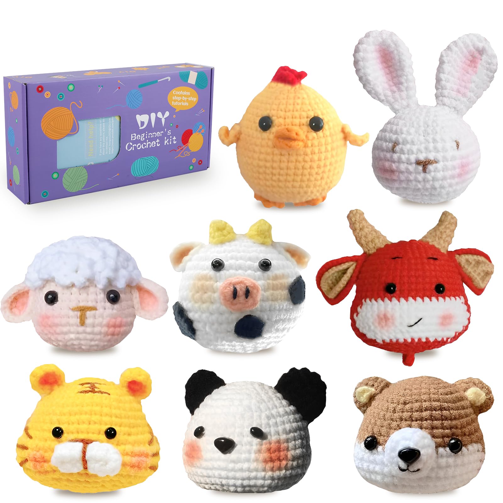 Alongen 8Pcs Beginners Crochet Kit, Complete Crochet Knitting Kit Cute Animal Crochet Starter Pack,Include Yarn, Eyes, Stuffing, Crochet Hook,Step-by-Step Video Tutorial