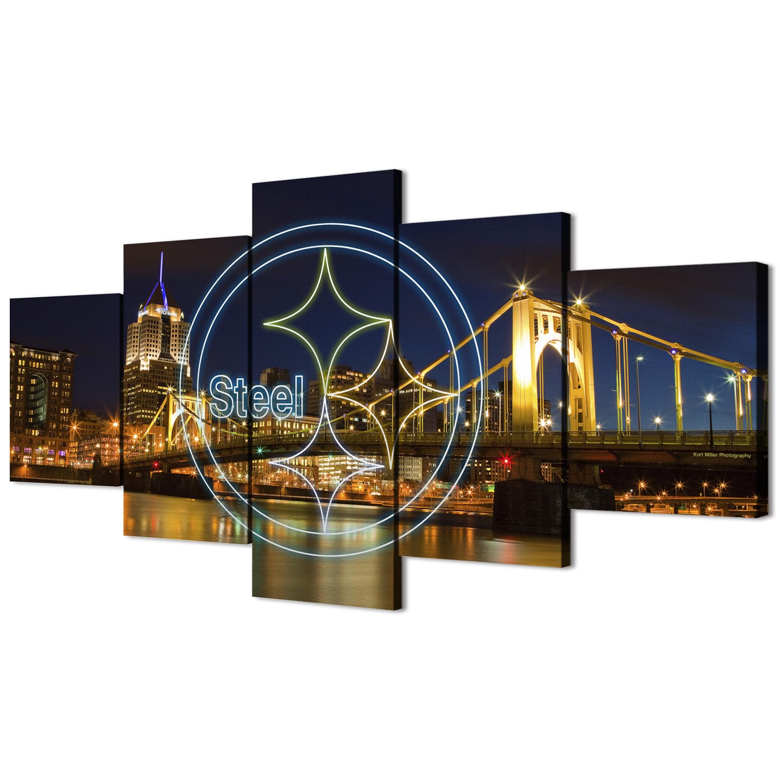 Photo 1 of (60X100CM/5PCS) Frame Canvas Print Poster - Pittsburgh Roberto Clemente Bridge American football Neon Steelers badge - Original City Landscape Wall Art for Home and Office Decor