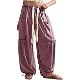RoseSeek Women's Baggy Harem Pants Drawstring Waist Wide Leg Sweatpants Boho Casual Trousers Joggers with Pockets
