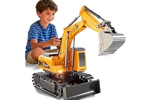 DULONIME Remote Control Excavator for Boys 4-7, RC Excavator for Kids, 27 MHz Construction Trucks Vehicles Toys for Toddlers 1-3 3-5 4-7 with Metal Shovel and Light Birthday Boys Gifts