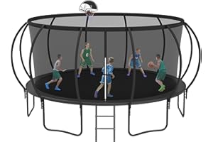 Lavay 14FT Pumpkin Tranpoline for Kids, Heavy Duty Outdoor Tranpoline Set with Basketball Hoop, Safety Enclosure Net, LED Lig