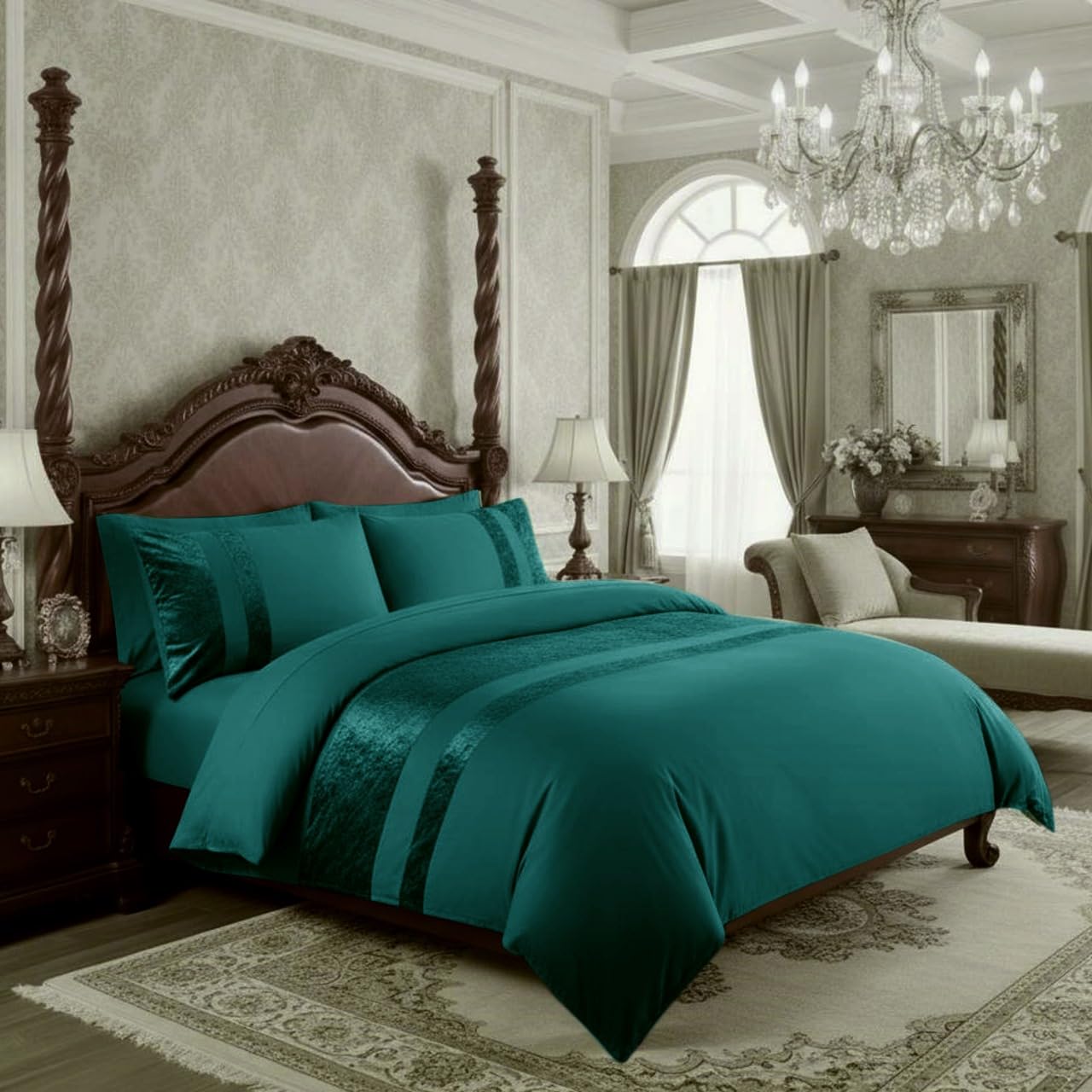 Casabella Luxury Crushed Velvet Panel Band Duvet Cover Sets with Pillow Case King Duvet Cover Bedding Set – Color Jade Crush Velvet King Duvet Cover Sets — image 1