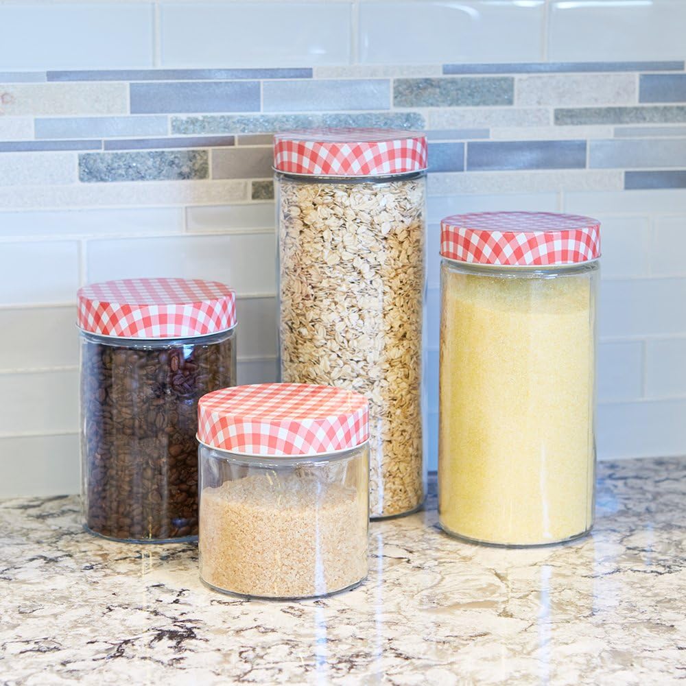 Anchor Hocking 4 Piece Glass Cylinder Jar Set with Gingham Lids, Clear/Red: Kitchen & Dining