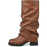 Ziheels Women's Fold Over Boots Slouchy Wide Mid Calf Boots Low Block Heel Tall Boots Square Toe Moto Biker Booties Stacked Pleated Dress Boots Brown US8.5