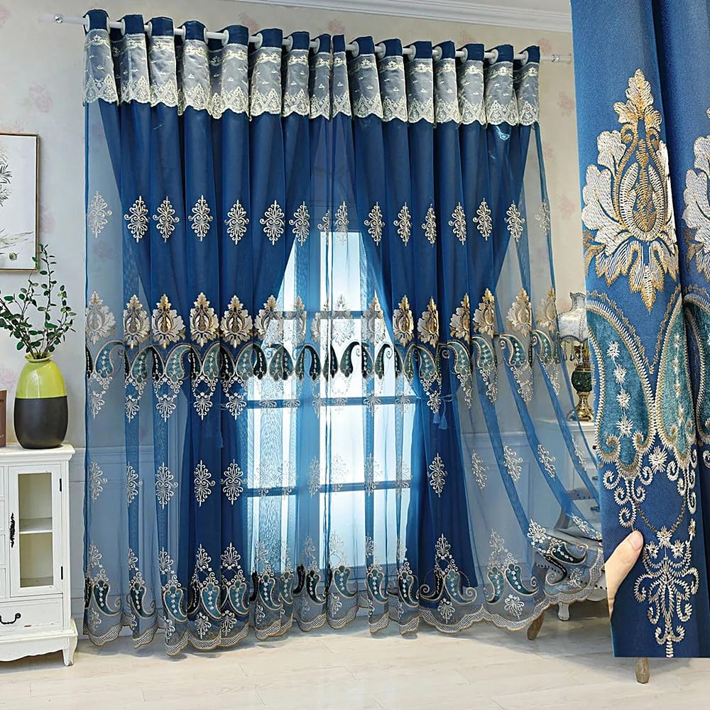 Photo 1 of Amidoudou 1 Pair European Double Layer Curtains with Valances for Living Room Bedroom Luxury Embroidered Curtains (Blue,63x96 Inch)