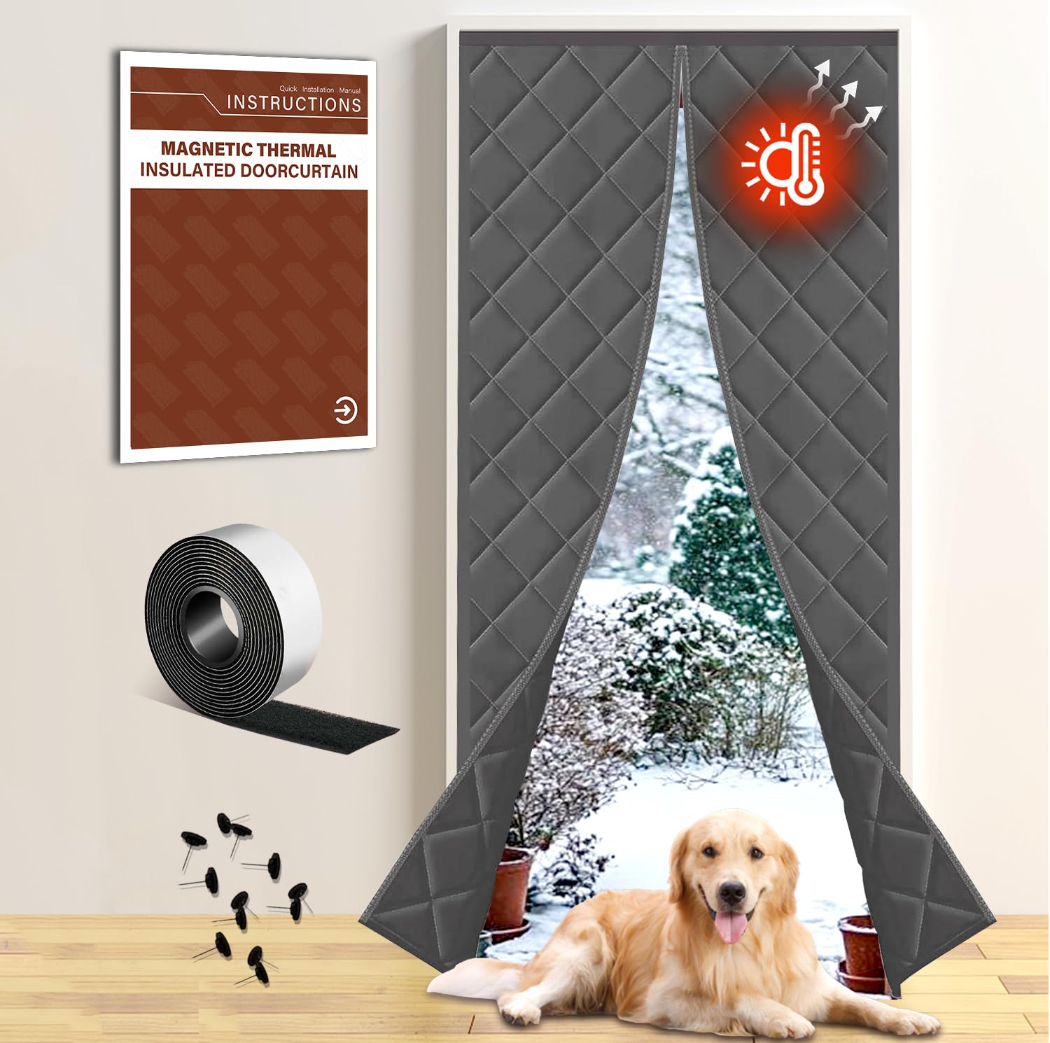 Insulated Magnetic Door Curtain for Winter, Thermal Door Cover with Triple-Layer Oxford Fabric, Windproof Cold Draft Blocker, Energy Saving Waterproof Curtain for Indoor Outdoor Image