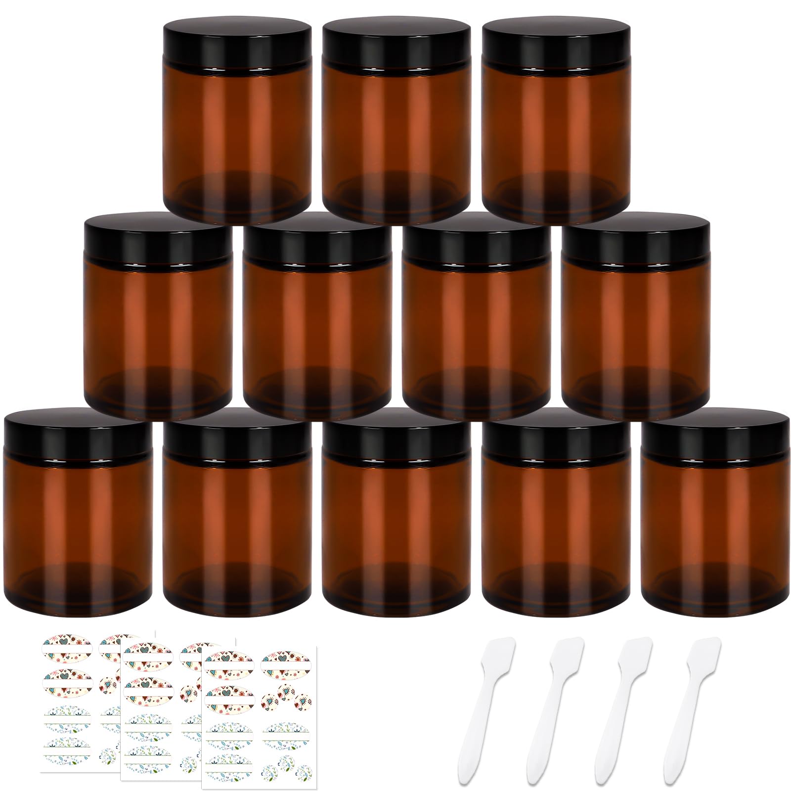 CulnCraz 12 Pack 240 ml Amber Round Glass Jars, 8 oz Empty Cosmetic Containers with Inner Liners, Black Lids and Glass Jars with Labels for Slime, Beauty Products,Cosmetic,Lotion,Powders and Ointments