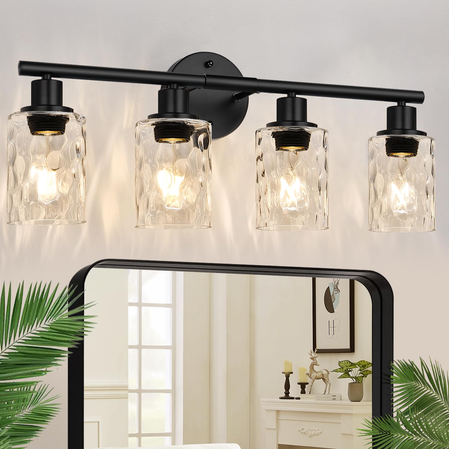 Photo 1 of Zarbitta 4-Light Bathroom Light Fixtures, Matte Black Vanity Lights with Water Ripple Clear Glass Shade, Bathroom Wall Lamp for Mirror, Kitchen, Living Room, Hallway, Cabinet, Porch