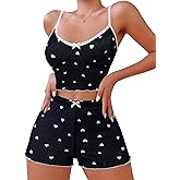 Hilinker Womens 2 Piece Heart Pajama Set Ribbed Cami Top and Shorts Sexy Sleepwear Cute Pjs Black White Heart X-Small