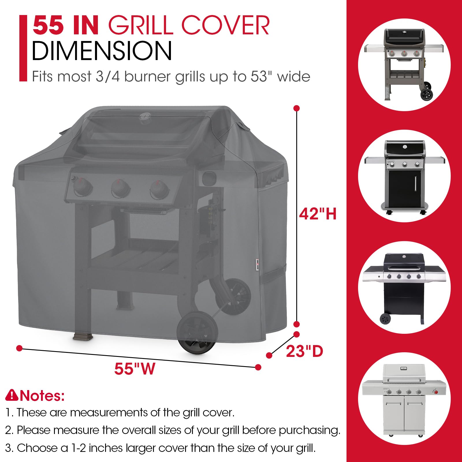 Unicook 55 Inch Grill Cover for Outdoor Grill, Heavy Duty Waterproof Gas BBQ Cover, Outside 3-4 Burner Barbecue Covering for Weber, Char-Broil, Nexgrill, All Weather Resistant, Grey