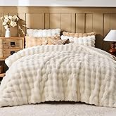 Lotus Karen Faux Fur Queen Comforter Set – Cream White Fluffy Comforter Queen Size, Big Bubble Faux Rabbit Fur Bedding Comforter Sets, Warm Cozy Fuzzy Bed Set 3 Pieces, 1 Comforter and 2 Pillowcases