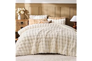 Lotus Karen Faux Fur Queen Comforter Set – Cream White Fluffy Comforter Queen Size, Big Bubble Faux Rabbit Fur Bedding Comfor