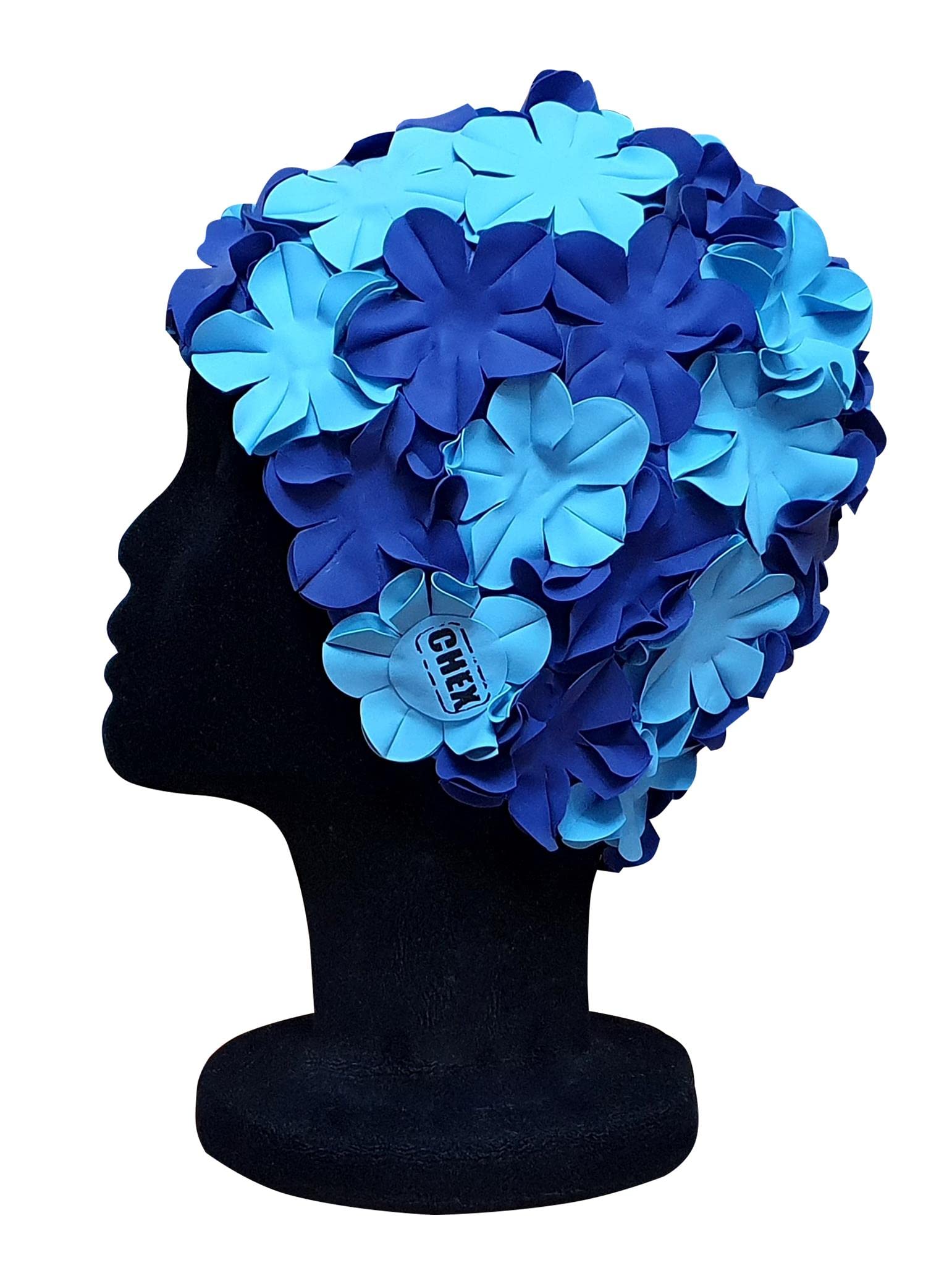 CHEX Anzio Thermal Rubber Floral Ladies Classic Retro 3D Flower Petal 2 Colour Stylish Vintage Swimming Hat Swim Cap Generous One Size Adults (Navy Blue/Light Blue)