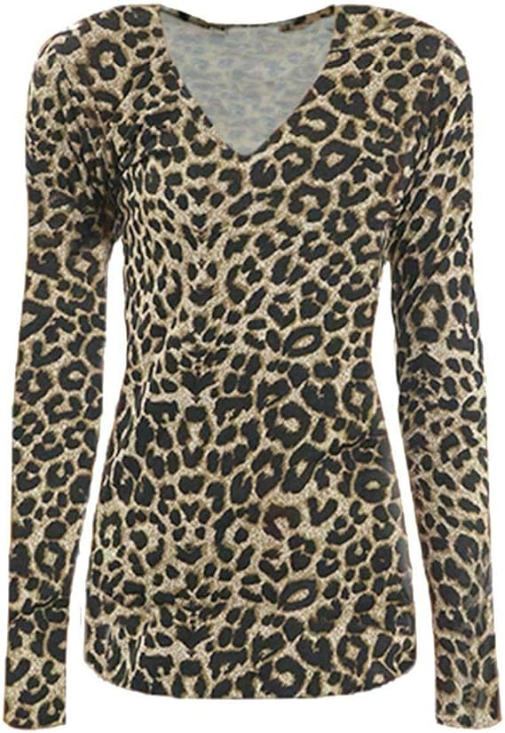 Womens Long Sleeve Animal Leopard Print V Neck Party Wear T Shirt Top