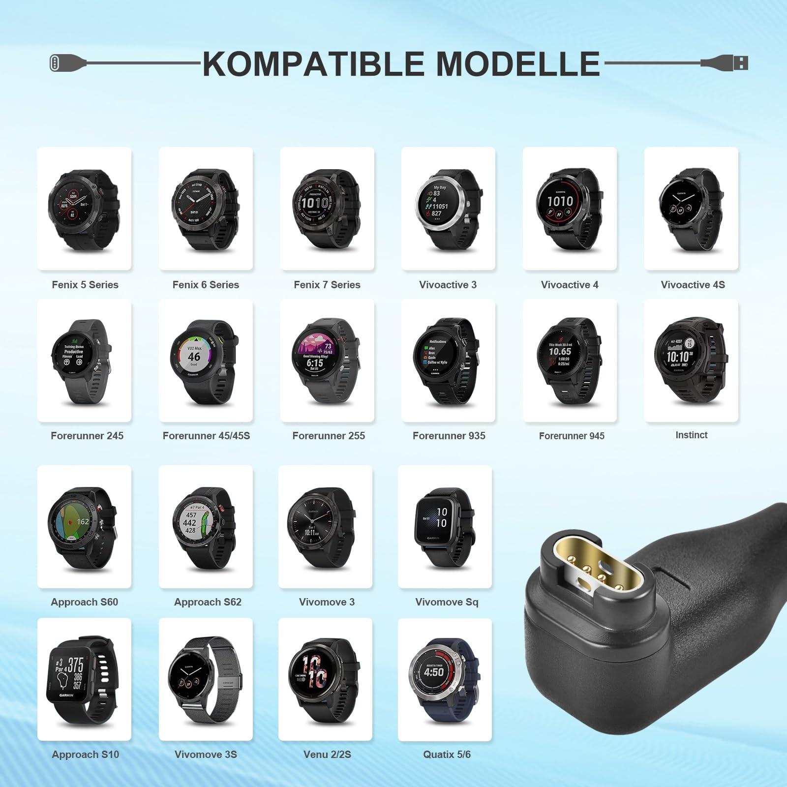 aceyoon 1M Ladekabel für Garmin Fenix 7 6 5 4 3, 2 Stück Winkel Ladekabel Ladegerät für Garmin ForeAthlete 245 745 935 945, Approach S10 S12 S60 S62 2