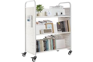 VEVOR Rolling Library Book Cart, 330 lbs Capacity, 38.2 x 20.3 x 48.2-Inch Library Cart, Double Sided W-Shaped Shelves with 3-Inch Lockable Wheels, Book Truck for Home Shelves Office and School, White