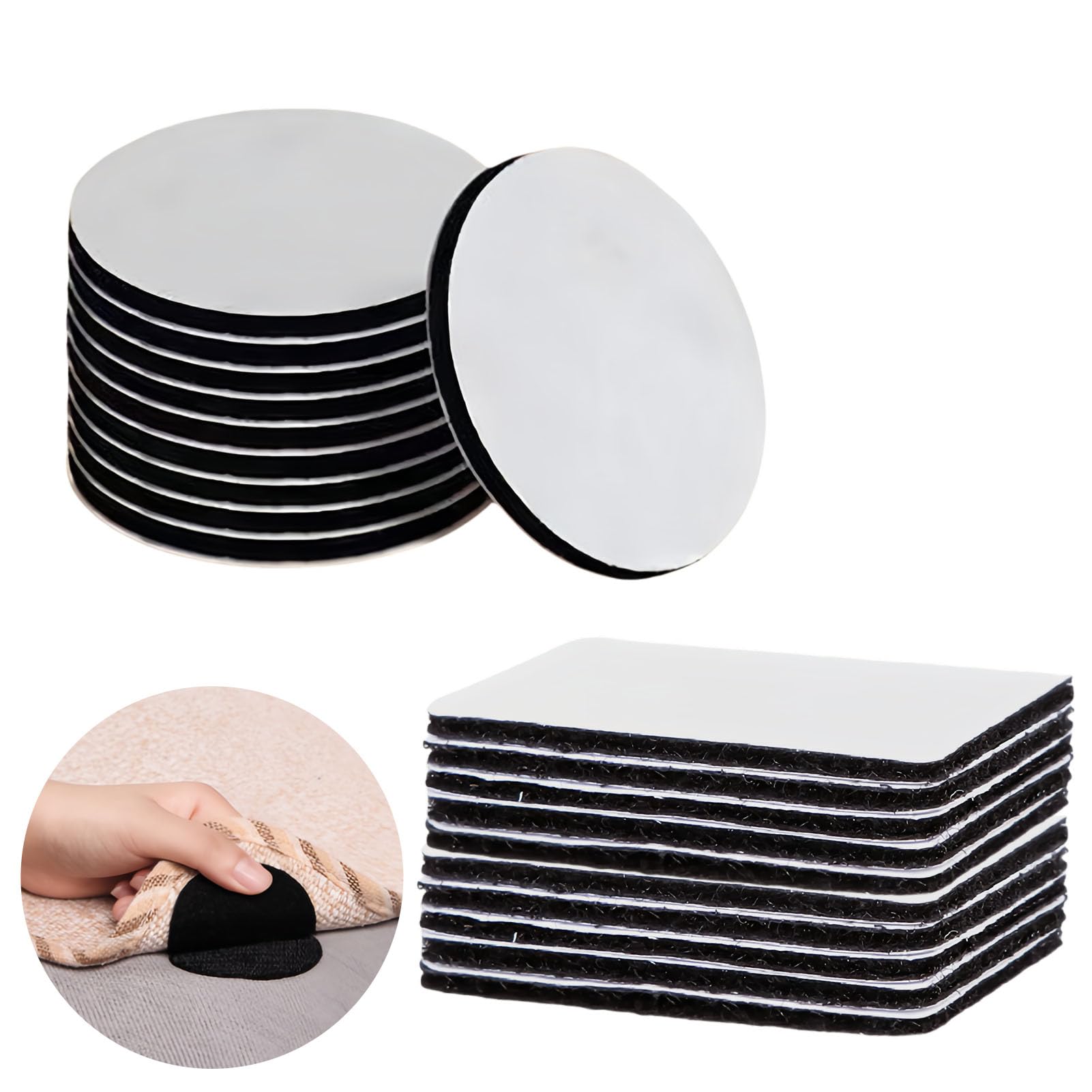 20 Pairs Rug Gripper, Carpet Grippers for Rugs on Top of Carpet, Hook and Loop Rug Pads Non Curl Reusable, Carpet Stickers for Rugs, Anti Slip, for Laminate Floor and Wooden Floors-Square&Round