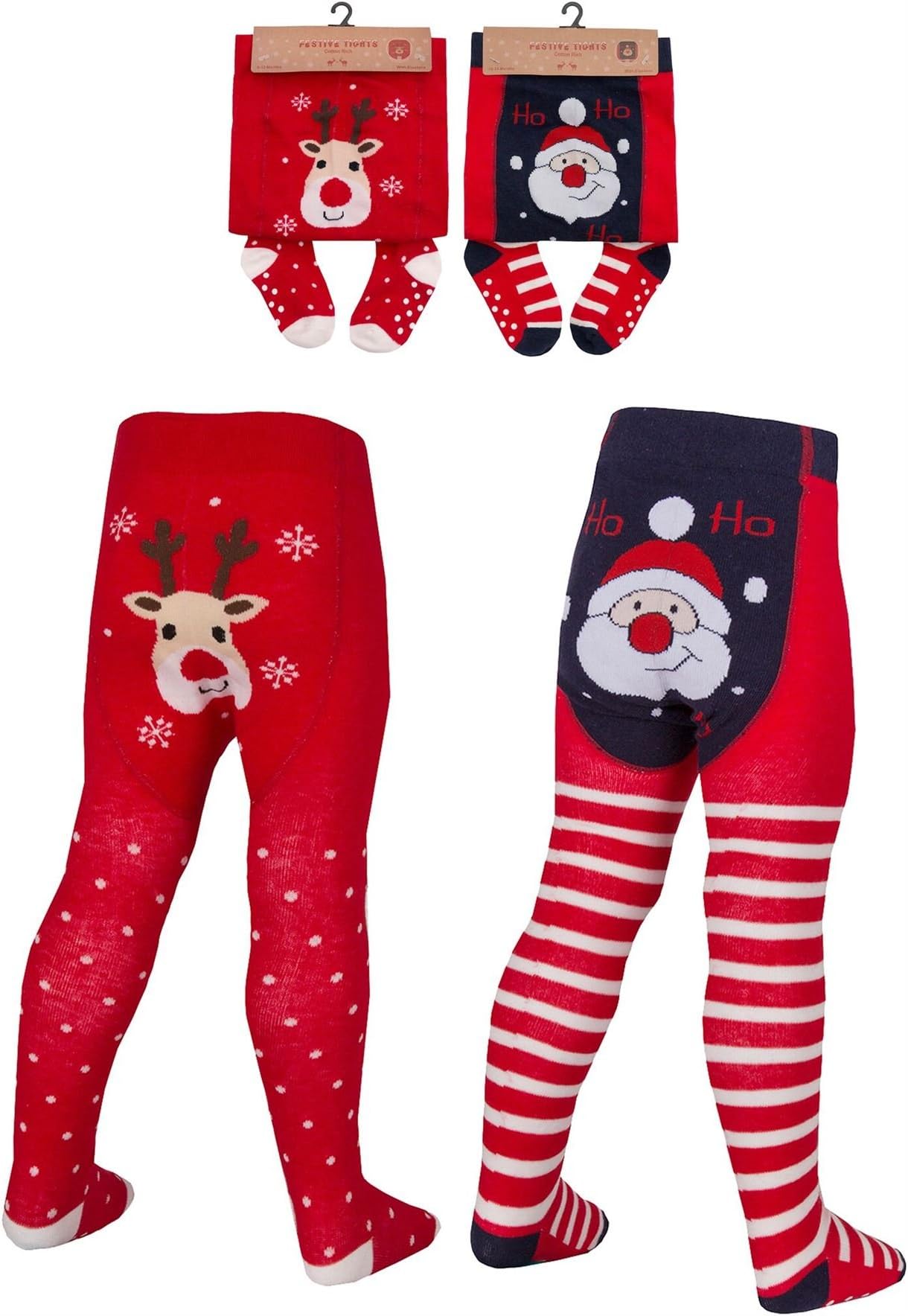 2 Pairs Childrens Baby or Girls Christmas Xmas Festive Santa Reindeer Tights
